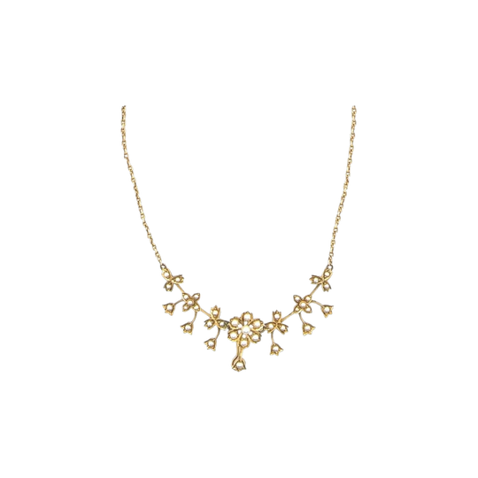 Antique 15ct Yellow Gold Daisy Necklace with 36 Pearls, England c.1870