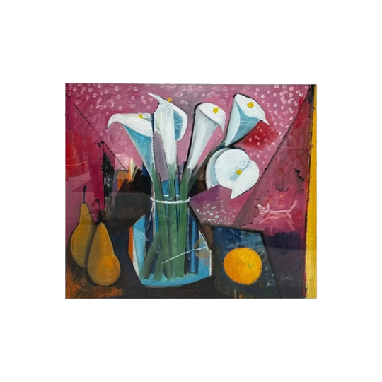 Lillies and Fruit – Victor Rubin (1950– ), Oil on Board, Framed