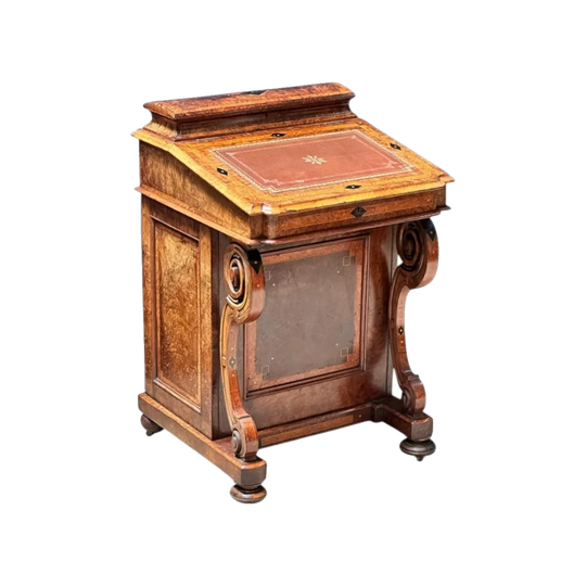 Victorian Burr Walnut Davenport Desk, Satinwood Stringing, Oxblood Tooled Leather, English c. 1870