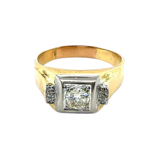 18ct Yellow Gold Signet Ring with Large Brilliant-Cut Diamond in Square Bezel, c.1950