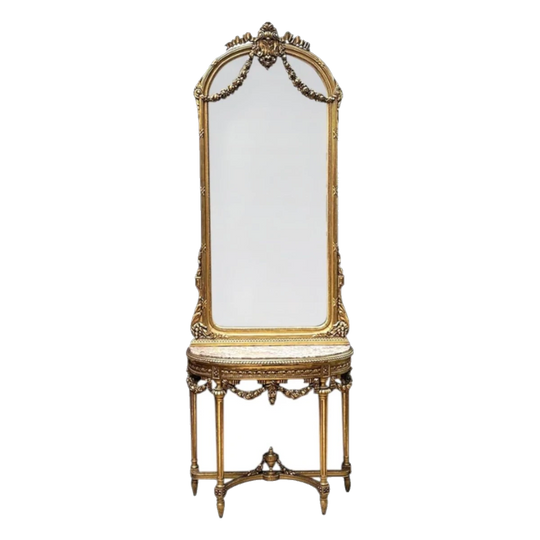 19th-Century French Giltwood Console Table and Arched Mirror with Half-Round Rouge Marble Top, c.1870