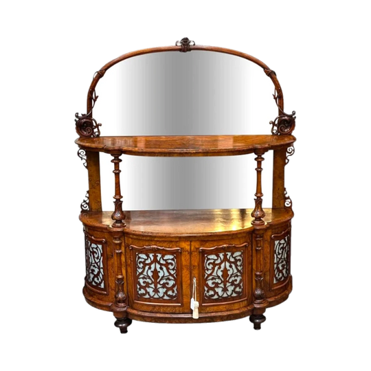 Victorian English Burr Walnut Bow-Front Mirror-Backed Cabinet, c.1870