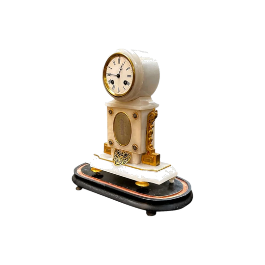English Alabaster Mantel Clock with 8-Day Movement, Enamel Dial and Ormolu Mounts, c.1870, with Glass Dome