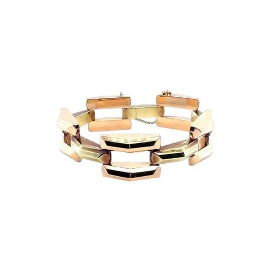 Vintage 14ct Two‑Tone Gold Chunky Bracelet with Clasp and Safety Chain, 34.6g
