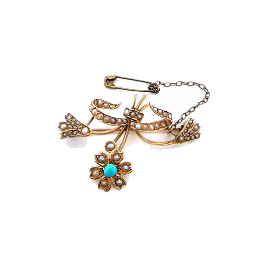 15ct Gold Turquoise and Seed Pearl Floral Brooch, c.1900