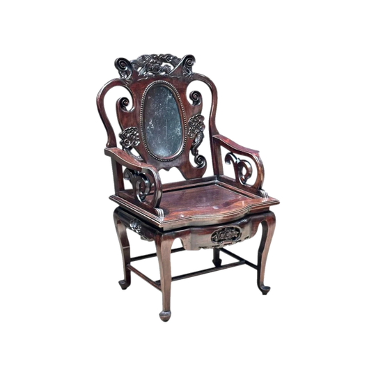 Early 20th-Century Chinese Hardwood Armchair with Oval Black Marble Panel, c.1910