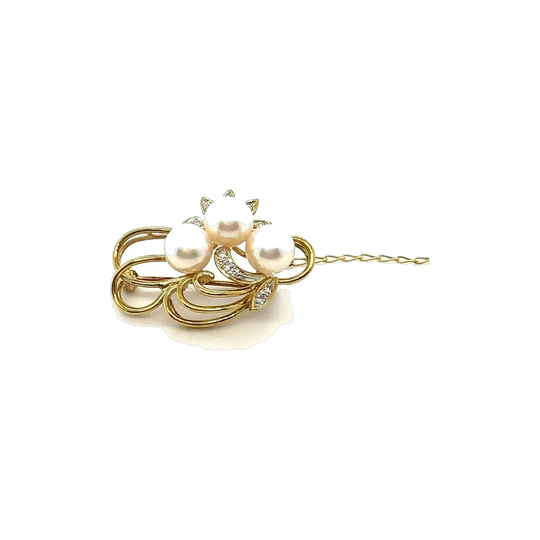 1960s 18ct Yellow Gold Spray Brooch with Akoya Cultured Pearls and Diamonds