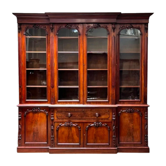 William IV Flame Mahogany Breakfront Secretaire Bookcase, Large-Scale, Four Glazed Doors over Four Panelled Doors, c.1840