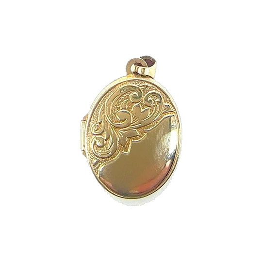 9ct Gold Engraved Oval Locket with Double Photo Frame and Gold-Plated Chain