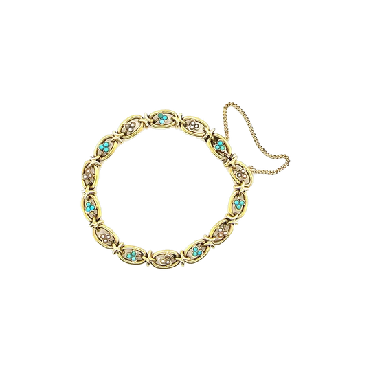Antique 15ct Yellow Gold Bracelet Set with Turquoise and Seed Pearls, c.1900