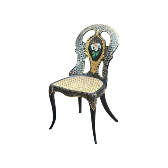 Victorian Ebonised Papier-Mâché Hall Chair with Mother-of-Pearl Inlay, Hand-Painted Flower and Cane Seat, c.1870