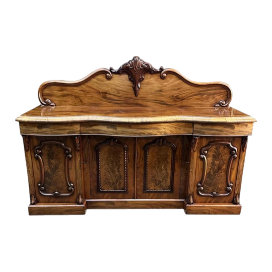 Victorian English Mahogany Serpentine-Front Four-Door Sideboard with Carved Backboard, c. 1860–1870