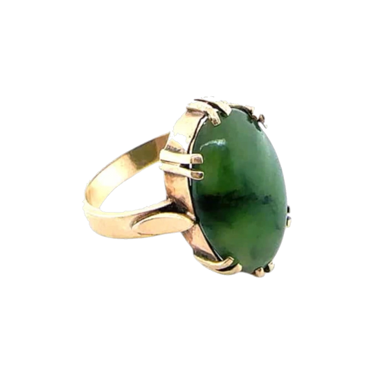 Mid-Century 9ct Yellow Gold Ring with Large Nephrite Jade Cabochon