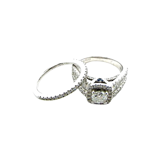 Vera Wang 18ct White Gold Diamond & Sapphire Wedding Ring Set, 2.18ct Total – Halo Engagement Ring with Baguette & Brilliant Cuts and Half-Eternity Band