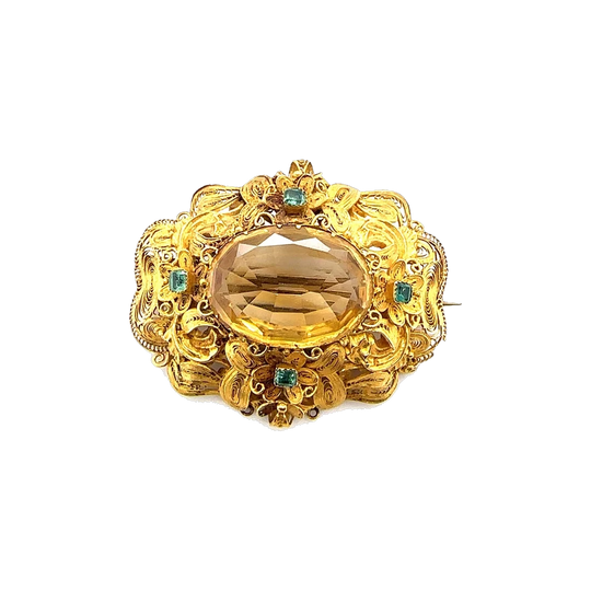 Victorian 15ct Gold Filigree Brooch with Oval Citrine and Four Emeralds, c.1870
