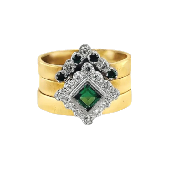 18ct Gold Triple-Stacked Dress Ring with Synthetic Green Spinels and Brilliant-Cut Diamonds