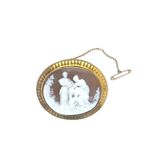 English 15ct Gold Oval Cameo Brooch, Greek Mythology Scene, c.1870