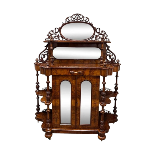 19th-Century English Burr Walnut Canterbury What-Not with Two Lockable Glass-Fronted Doors, c.1860