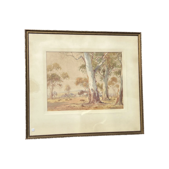 Large Arnold Jarvis watercolour, "An Australian Bush Farm" c. 1920