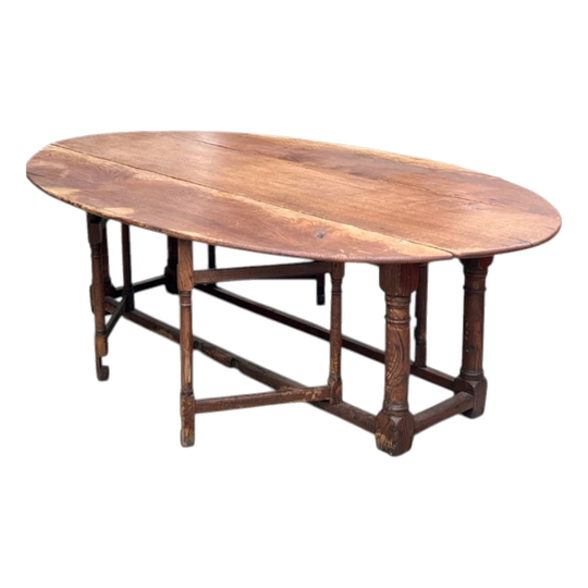 Antique French Oak Oval Drop-Leaf Hunt / Wake Dining Table with Gate Legs, Late 19th to Early 20th Century