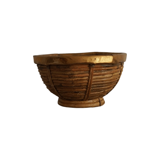 Vintage Brass-Trimmed Woven Rattan Bowl, likely by Gabriella Crespi