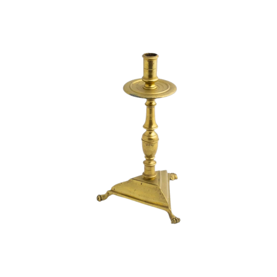 17th-Century Spanish Brass Candlestick with Triangular Base and Lion Paw Feet
