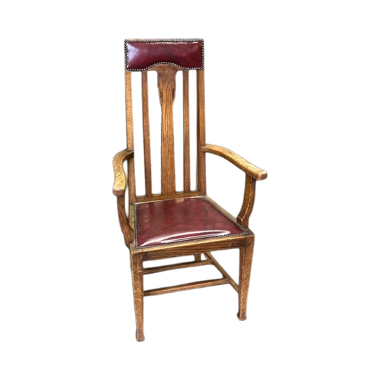 Oak Arts &amp; Crafts armchair, red leather, circa 1900