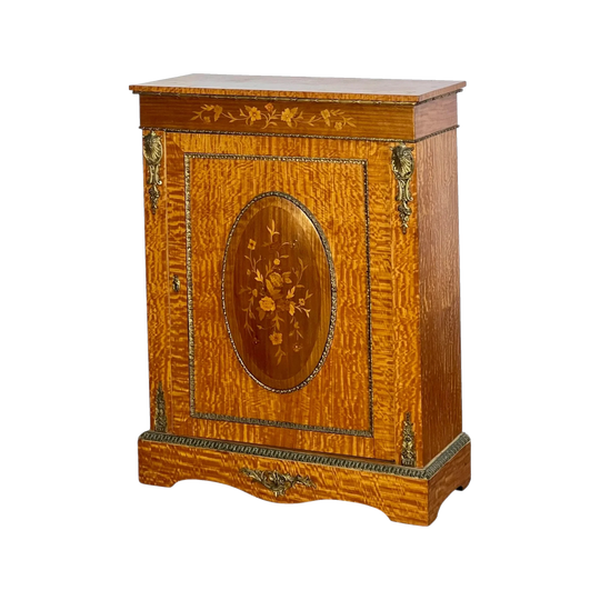 Antique French Satinwood Single-Door Side Cabinet, Late 19th to Early 20th Century, Floral Inlay & Cast Brass Mounts