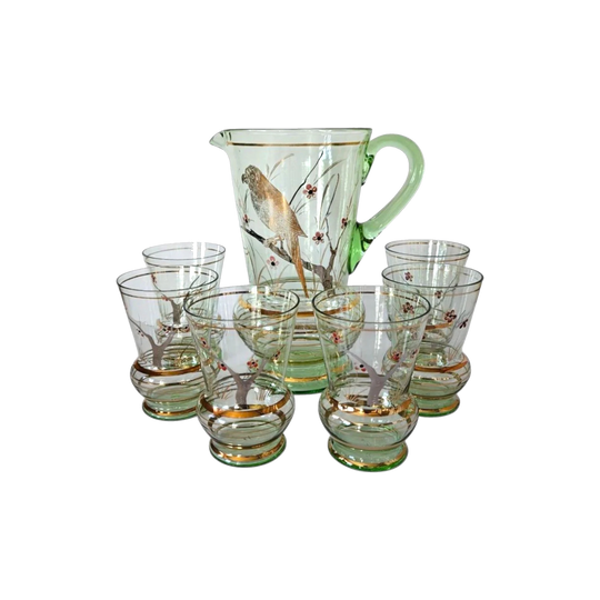 MCM Green and Gold Lemonade Glasses & Pitcher Set, Czechoslovakia – Six Glasses
