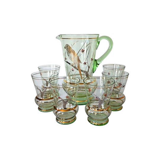 MCM Green and Gold Lemonade Glasses & Pitcher Set, Czechoslovakia – Six Glasses