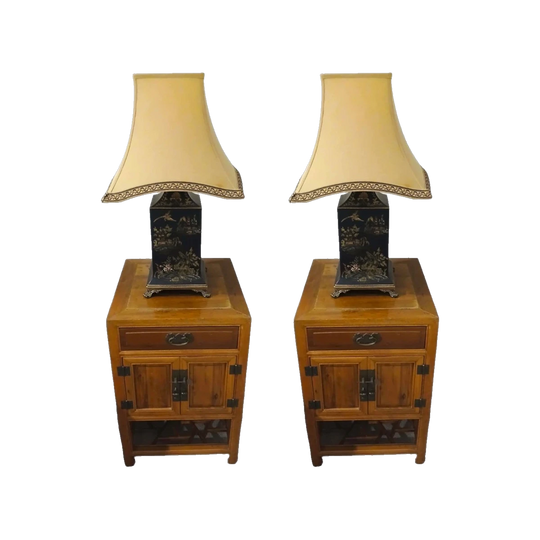 Pair of Antique Chinese Bedside Tables, Shangyu c.1880, with Modern Lamps