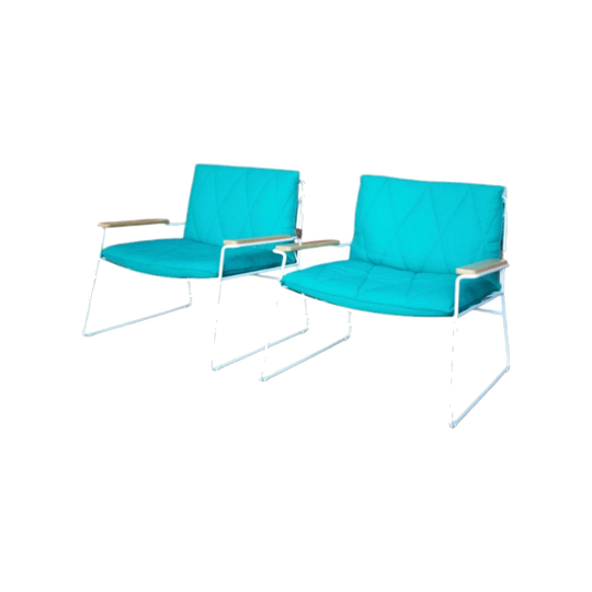 Pair of Jardan Seb Lounge Chairs – Australian‑Made, Mid‑Century‑Inspired, Powder‑Coated Steel with Oak Armrests, Turquoise Upholstery