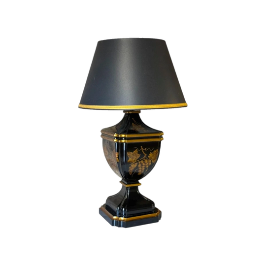 Vintage Regency-Style Black Lacquer Urn Table Lamp with Gilt Grapevine and Fruit Motifs, Black Shade