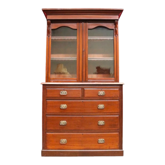 Antique English Pine Bookcase with Glazed Doors, Drawers and Gilt-Tooled Leather-Fronted Shelves, c.1910