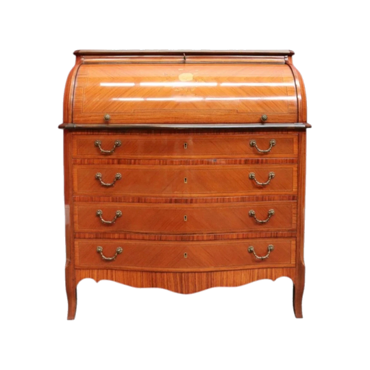 Vintage French Cylinder-Top Ladies Desk in Kingwood with Satinwood Marquetry Inlay, c.1940