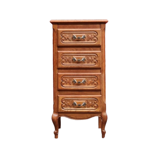 French Oak Four-Drawer Chest with Carved Fronts, Brass Handles and Cabriole Legs, France, c.1950