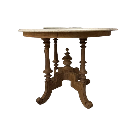 Antique Bleached Kopitiam Table, Grey‑Veined White Marble Top on Teak Base, 100 x 75 cm