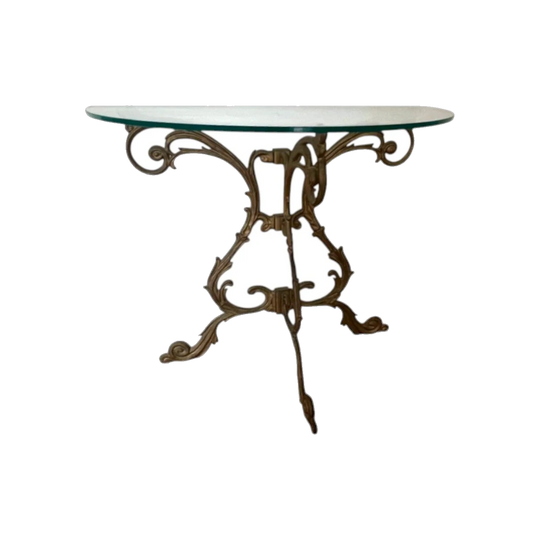 Vintage Gold Metal Hall Table and Wall Mirror Set – Hollywood Regency, Curved Glass Top (Purchased 1972)