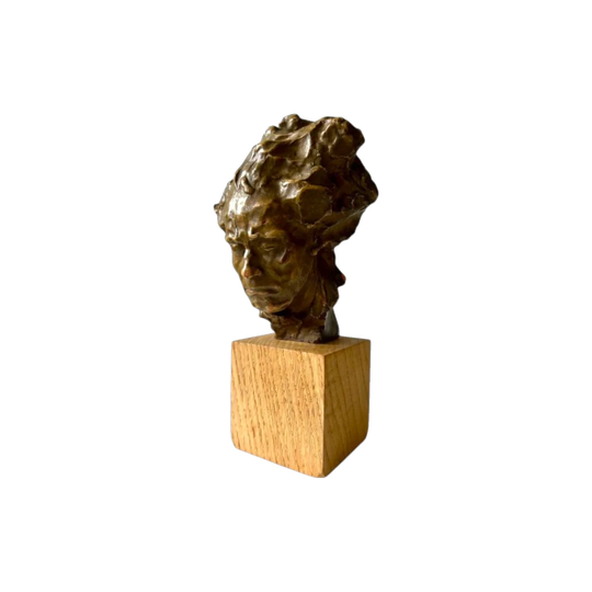 Vintage Alfredo Pina Beethoven Bust Sculpture, Terracotta with Bronzed Glaze on Wooden Plinth, Italy, Signed