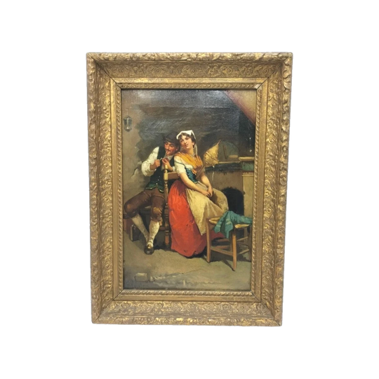 Francesco Peluso (1836–1916), An Italian Spinner and her Sweetheart — Oil on Canvas, Signed