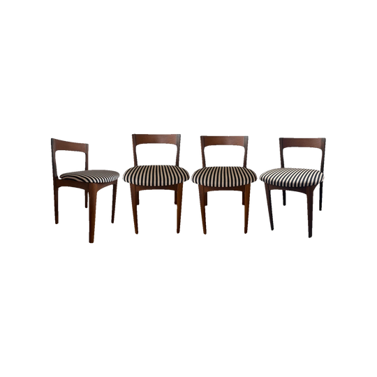 Nathan UK Mid-Century Timber Chairs, Set of 4 – Fully Restored with Maharam x Alexander Girard ‘Toostripe’ Upholstery