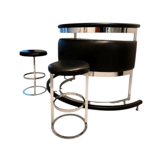 Wallace Furniture 1970s Demi‑Lune Chrome Bar with Pair of Black Vinyl Barstools