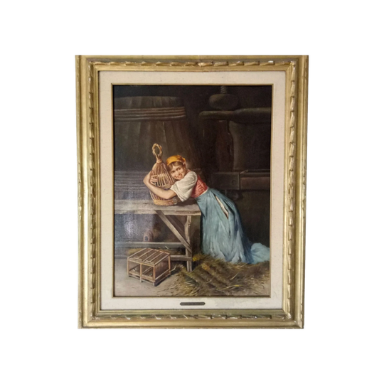 Luigi Rita ‘Girl with Bird Cage’ — Oil on Board, Italian, c.1950s, Impressionist