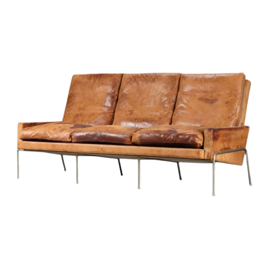 Three-seater sofa, leather, and steel, 1960-1970s