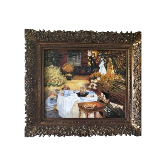 After Monet Hand-Painted Impressionist Oil on Canvas, "The Lunch (La Pastiche)" — Framed, 1990s