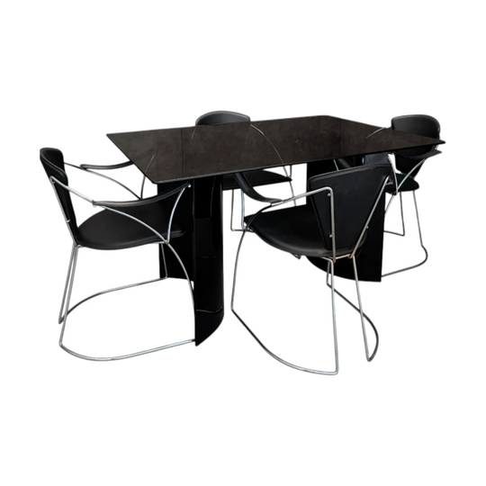 1980s Postmodern Black Opaque Glass Dining Suite with Split Pedestal Table and Four Arrben Italian Black Leather and Chrome Chairs
