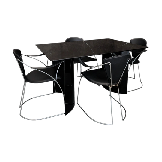 1980s Postmodern Black Opaque Glass Dining Suite with Split Pedestal Table and Four Arrben Italian Black Leather and Chrome Chairs