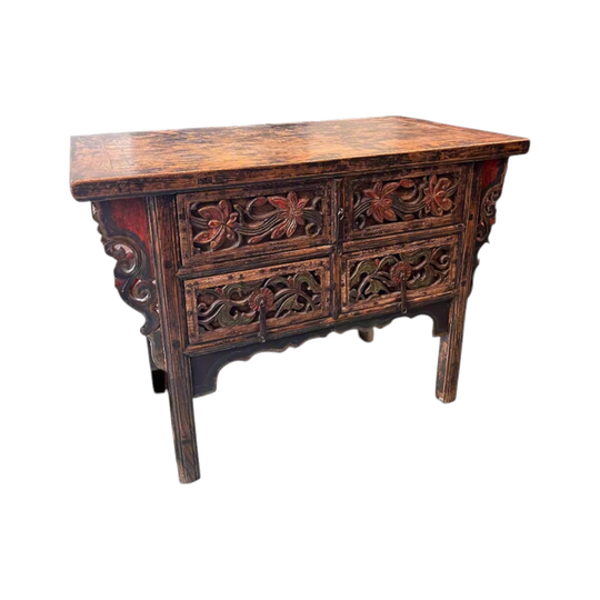 Chinese Provincial Painted Elm Coffer with Carved Floral Drawers, Middle Qing Dynasty, Early 18th Century (CF1313)