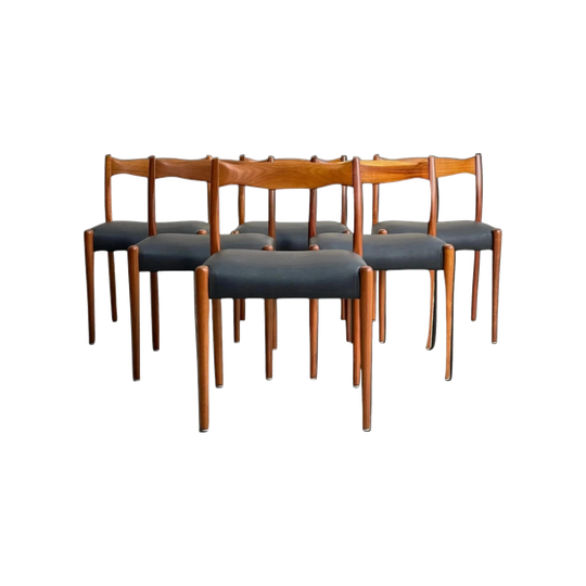 Fler 64 Dining Chairs, Set of 6, Fully Restored – Solid Blackwood with 'Liquorice' Vinyl, 1960s