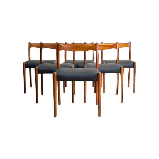 Fler 64 Dining Chairs, Set of 6, Fully Restored – Solid Blackwood with 'Liquorice' Vinyl, 1960s